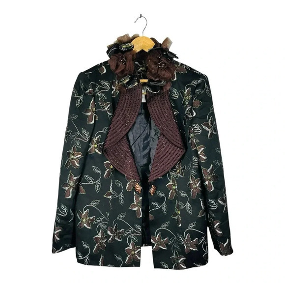 Vintage Elite Champagne Brown Floral‎ Embroidered Embellish Blazer Women Size 12 - Picture 2 of 16